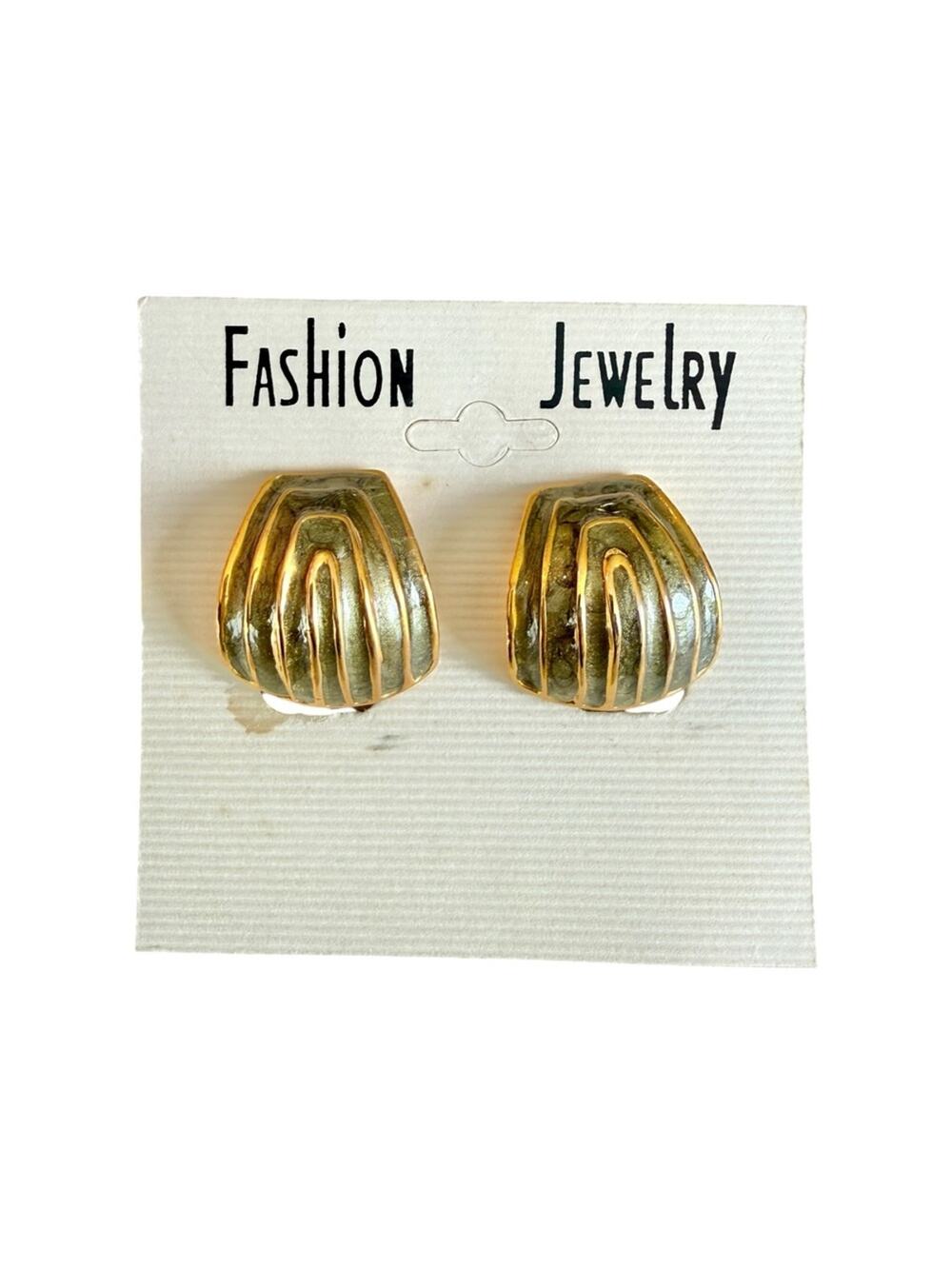 Vintage 90s Green Enamel Gold Tone Clip On Earrings Chunky Statement NWT NOS